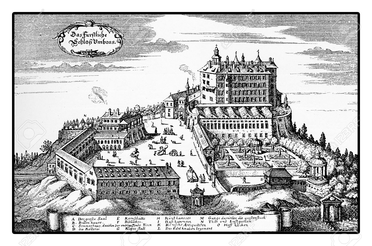 Stock Photo - Year 1677 vintage engraving of Ambras Renaissance castle on the hills above Innsbruck
