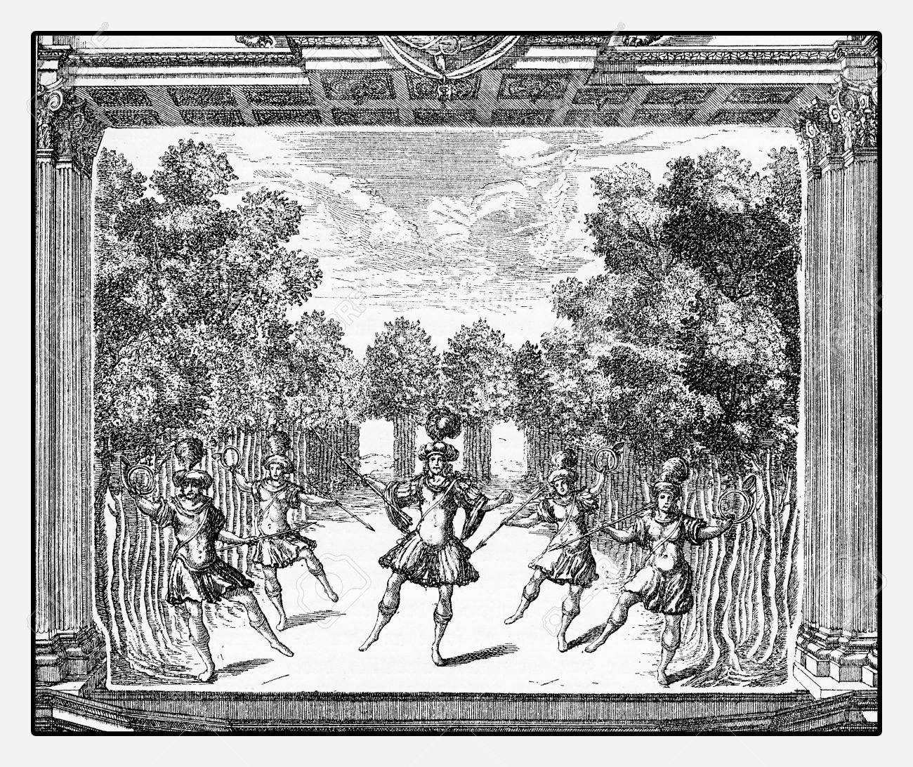 Renaissance ballet performance at stage in Heidelberg castle, year 1684 vintage engraving Stock Photo -