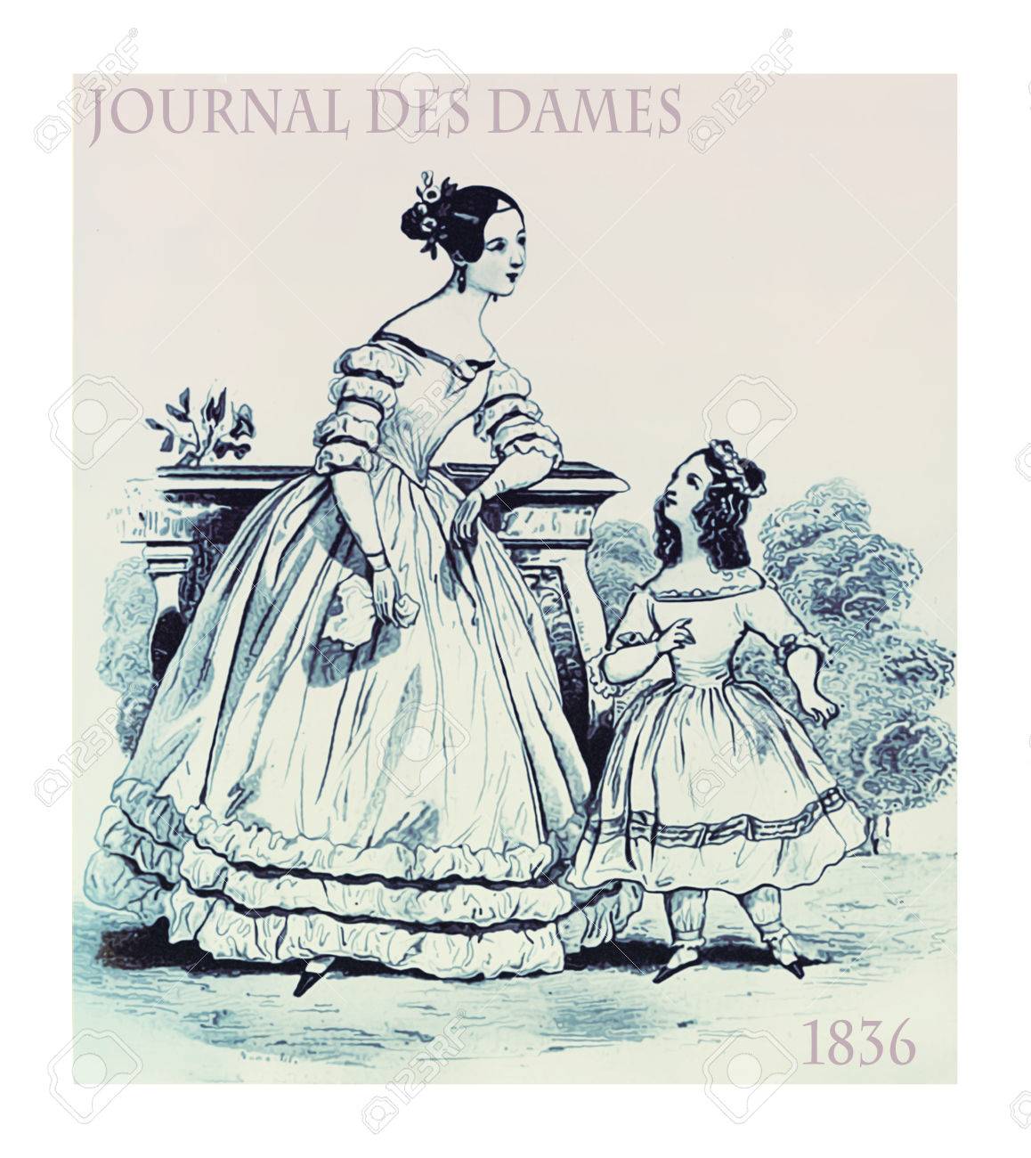 French 1836 fashion, young lady and girl elegant dressed with laces, frills and hairdo