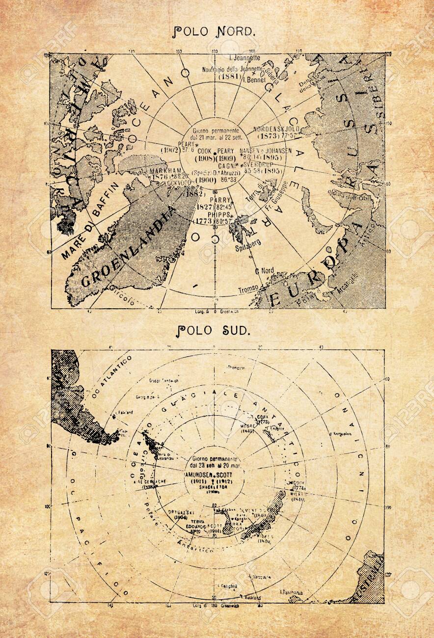 Map With Antarctica In The Middle Ancient Maps Of The North Pole In The Middle Of The Arctic Ocean And The  South Pole With The Continent Of Antarctica With Geographical Italian Names  And Descriptions Stock Photo, Picture And