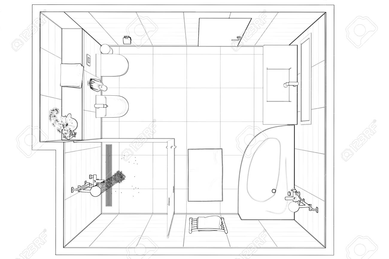 3d Illustration Sketch Of Modern Bathroom Interior Top View Stock Photo Picture And Royalty Free Image Image 136946801