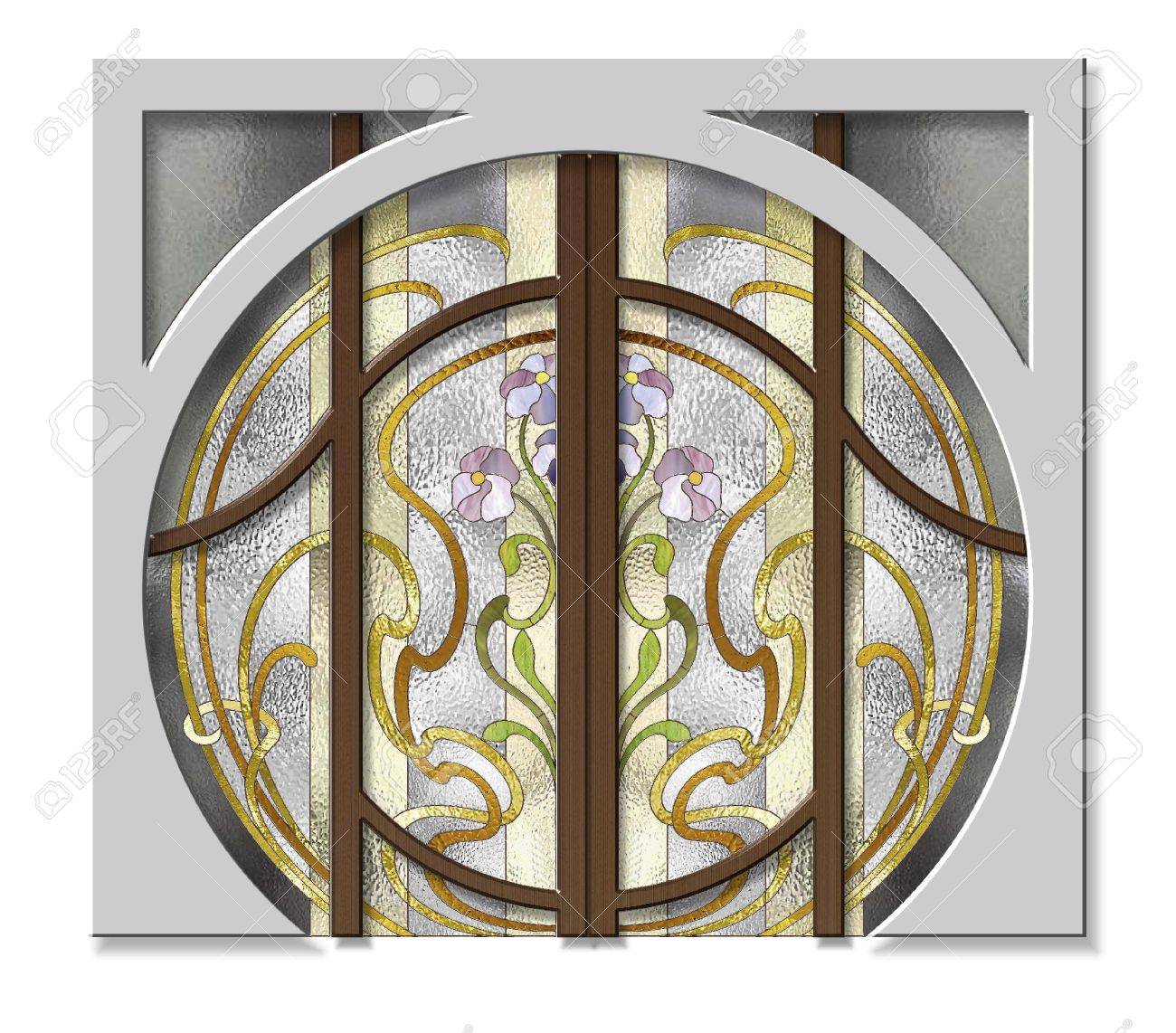 アール ヌーボー様式のステンド グラスと戸口 の写真素材 画像素材 Image