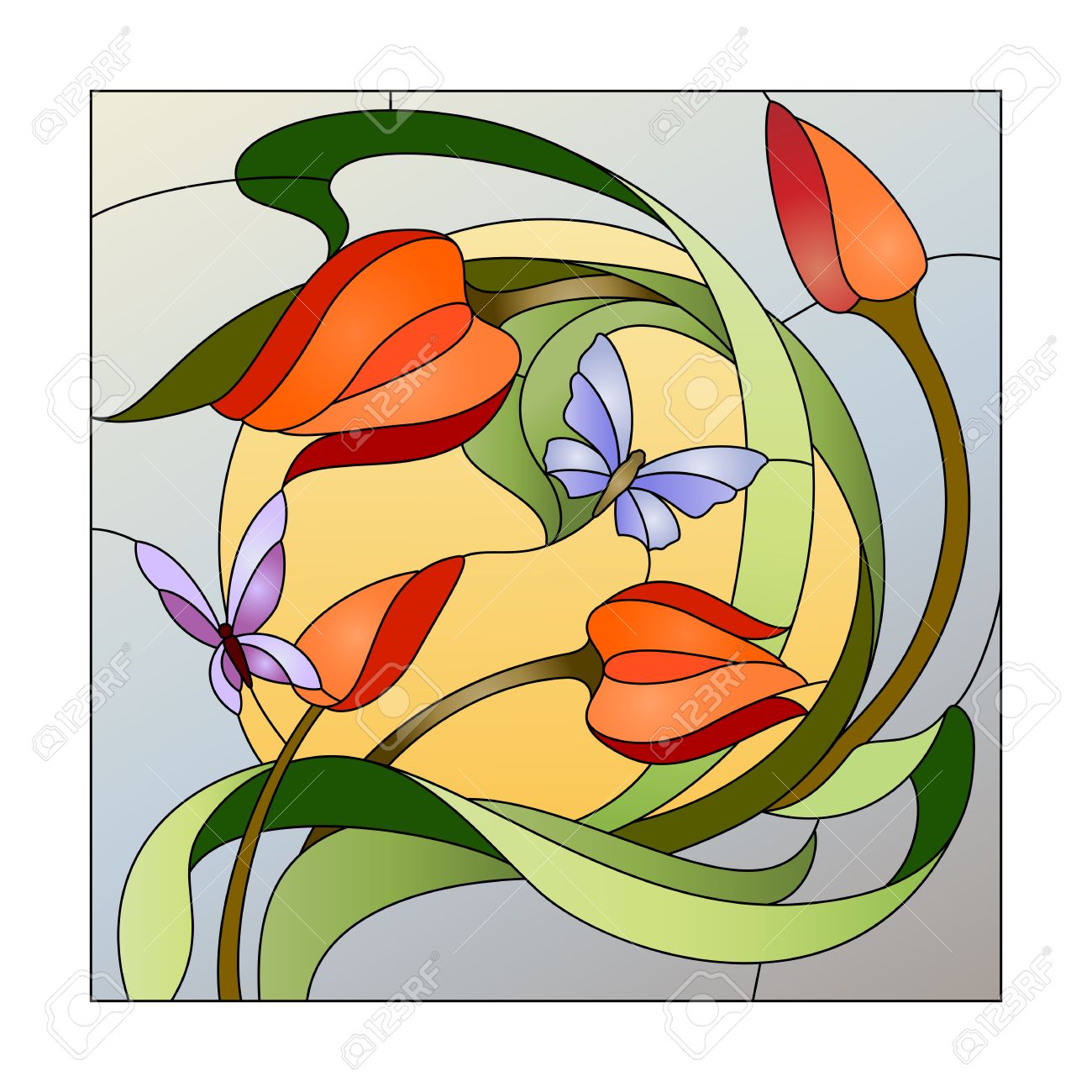 Stained glass pattern with red flowers and butterflies - 57088998 Stained glass pattern with red flowers and butterflies - 57088998