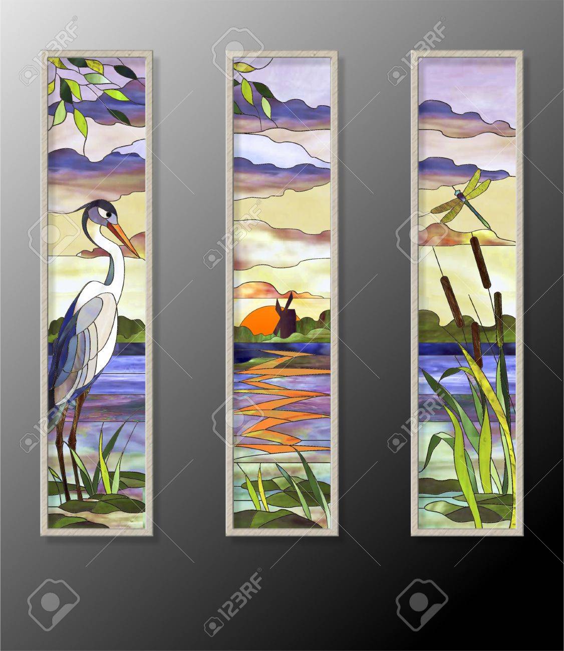 Landscape with heron on a background of lake and mill - 57088999 Landscape with heron on a background of lake and mill - 57088999