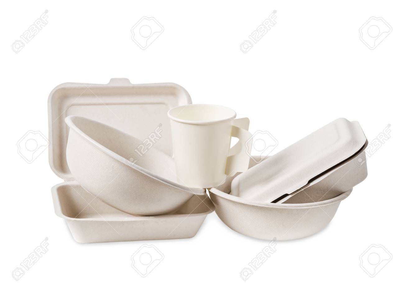 Group of product made from bagasse for container food, Box, bowl and cup. Isolated on white background, Clipping path. - 70959404 Group of product made from bagasse for container food, Box, bowl and cup. Isolated on white background, Clipping path. - 70959404