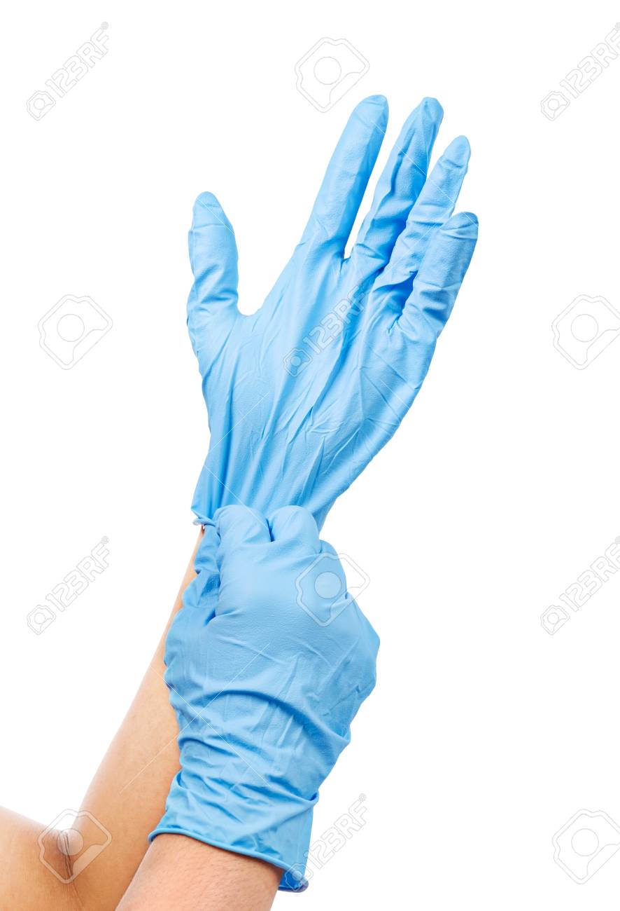 Doctor Putting On Protective Blue Gloves Isolated On White Background... Stock Photo, Picture And Royalty Free Image. Image 82488050.