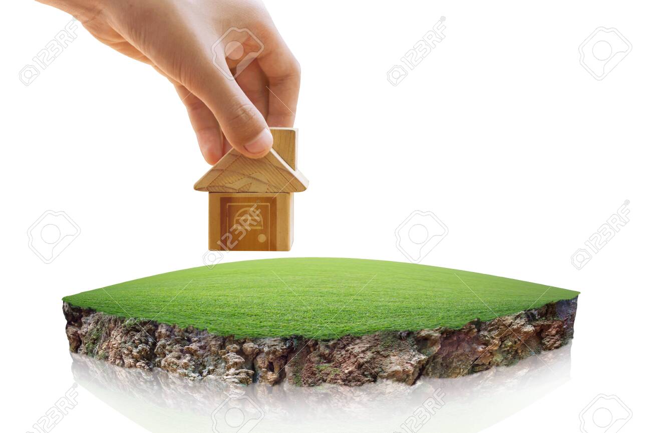 House symbol and Empty dry cracked swamp reclamation soil, land plot for housing construction project. round soil ground cross section with earth land, fantasy floating island with natural on the rock - 138018840 House symbol and Empty dry cracked swamp reclamation soil, land plot for housing construction project. round soil ground cross section with earth land, fantasy floating island with natural on the rock - 138018840