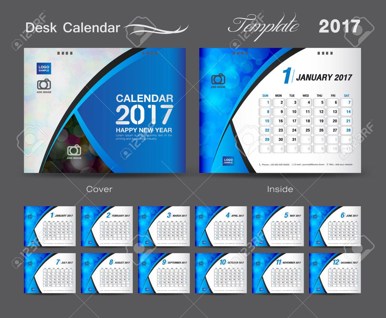 Calendario De Escritorio Plantilla De Conjunto De Diseño, Tapa Del Calendario De Escritorio, Cubierta Azul, Diseño De Volante Negocio Ilustraciones Svg, Vectoriales, Clip Art Vectorizado Libre De Derechos. 66773723.