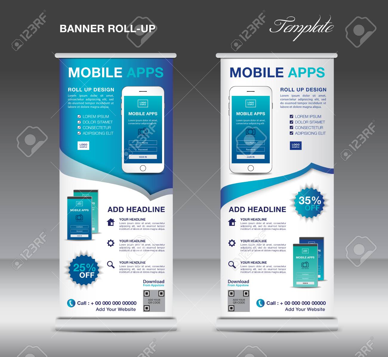 mobile apps roll up banner template stand layout blue banner