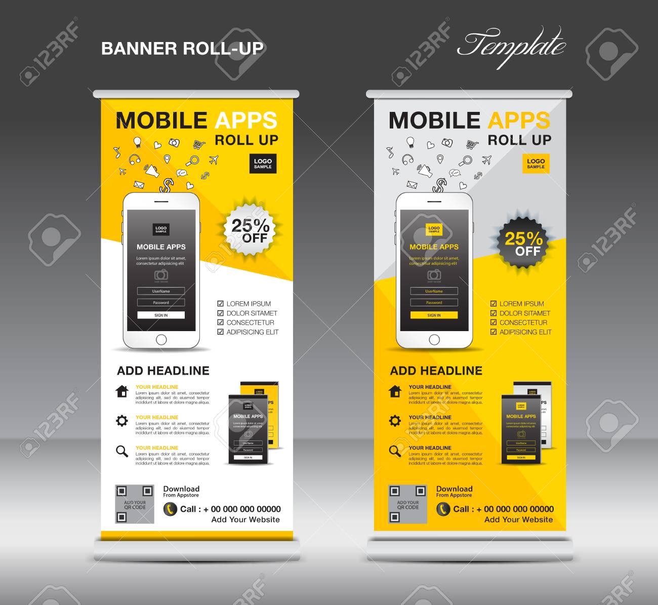 Download Mobile Apps Roll Up Banner Template Stand Layout Yellow Banner Royalty Free Cliparts Vectors And Stock Illustration Image 88618605 Yellowimages Mockups