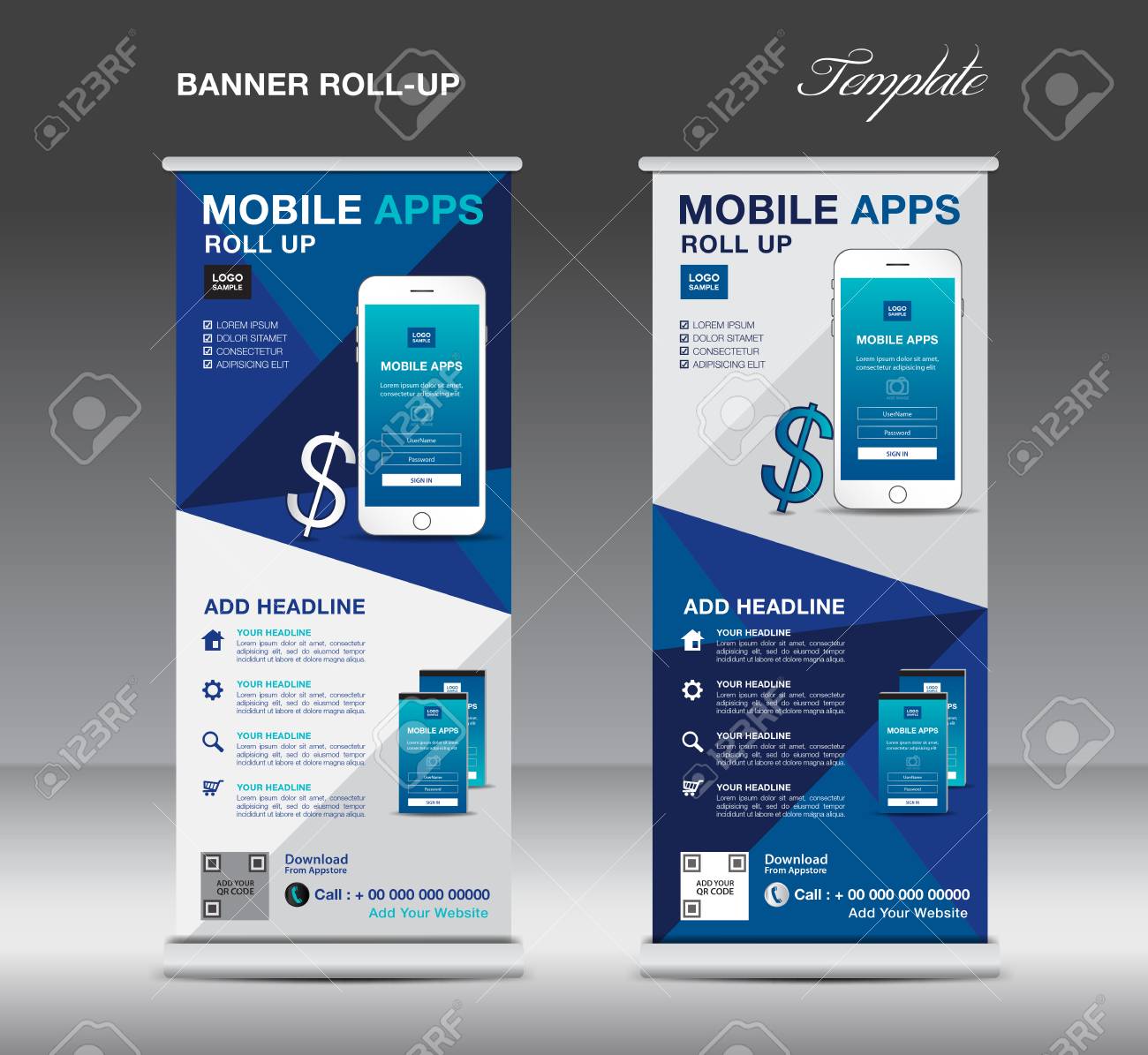 mobile apps roll up banner template stand layout blue banner application presentation