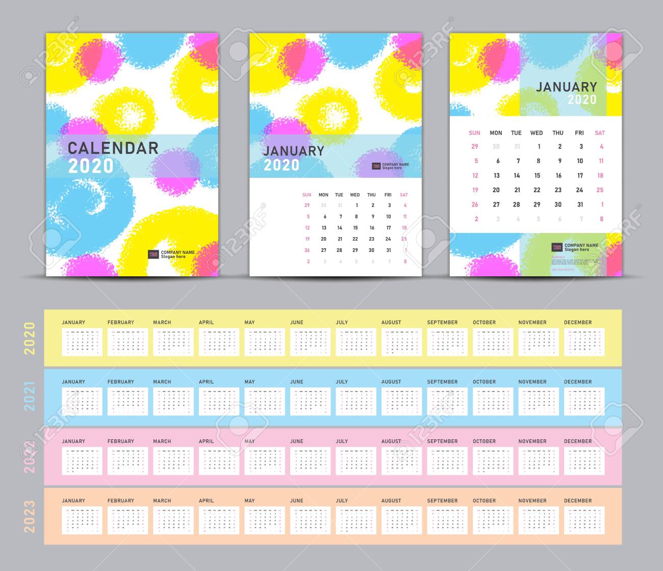 Calendrier 2023 Bureau Modèle De Calendrier 2020, 2021, 2022, 2023, Vecteur De Calendrier De Bureau  2020, Conception De La Couverture Sur Fond De Peinture Pastel, Ensemble De  12 Mois, Simple, Papeterie, Supports D'impression, Publicité, Format