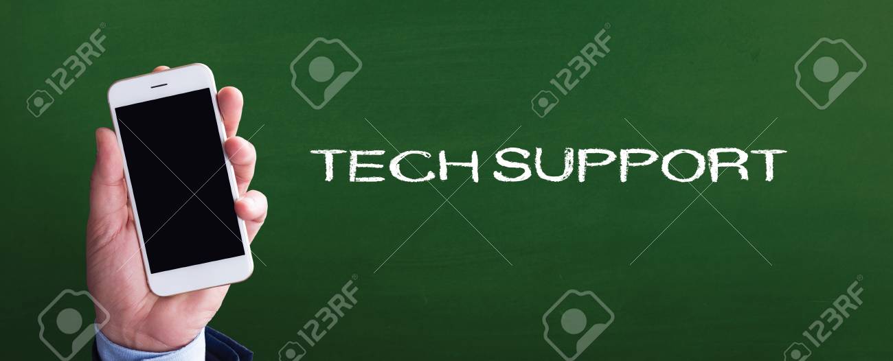 smart phone in hand front of blackboard and written tech support smart tech support