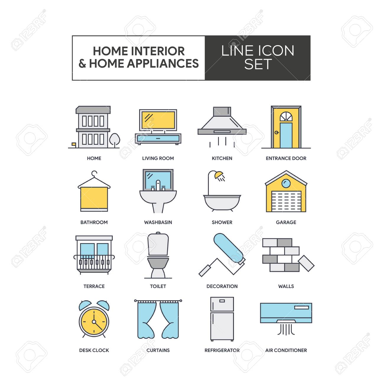 インテリア ホーム家電色アイコン セットのイラスト素材 ベクタ Image 93