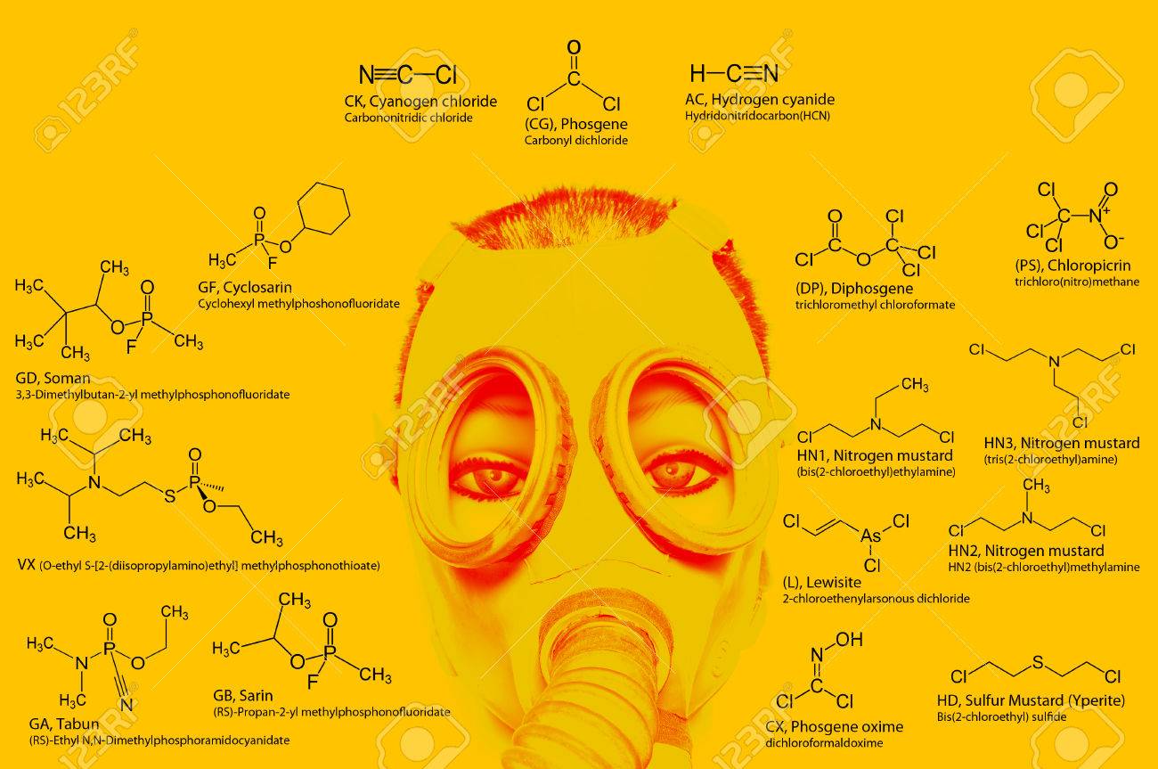 化学兵器の化学構造: サリン タブン ソマン VX ルイサイト マスタード ・ ガス催涙ガス塩素等。原子は、従来色の円で表されます。の写真素材・画像素材  Image 41511736