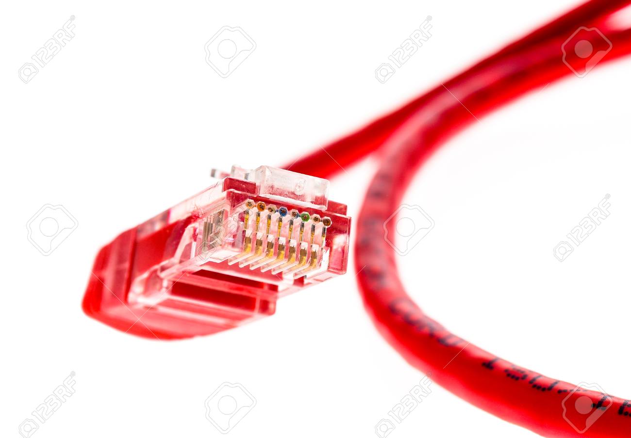 赤いネットワーク utp ケーブルを rj45 コネクタを白で隔離 通信