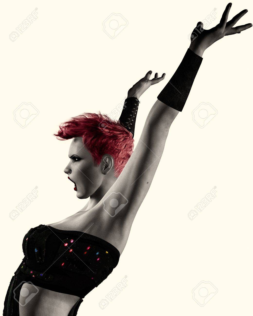 モダンなパンクロック型ファッション モデルのフォトリアリスティックなイラストの空気で手します の写真素材 画像素材 Image