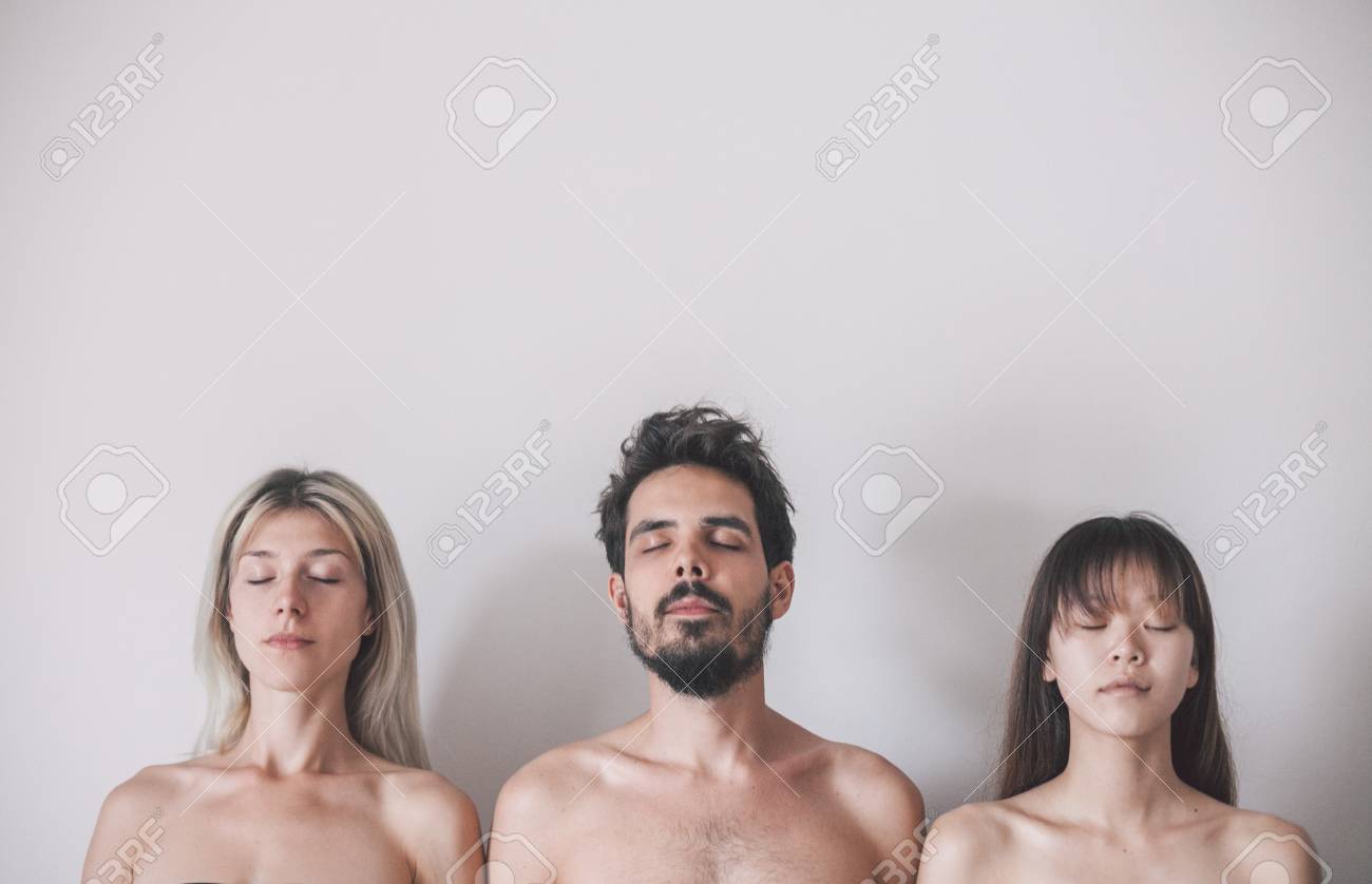 Three Naked People Standing With Closed Eyes Stock Photo, Picture and  Royalty Free Image. Image 89946267.