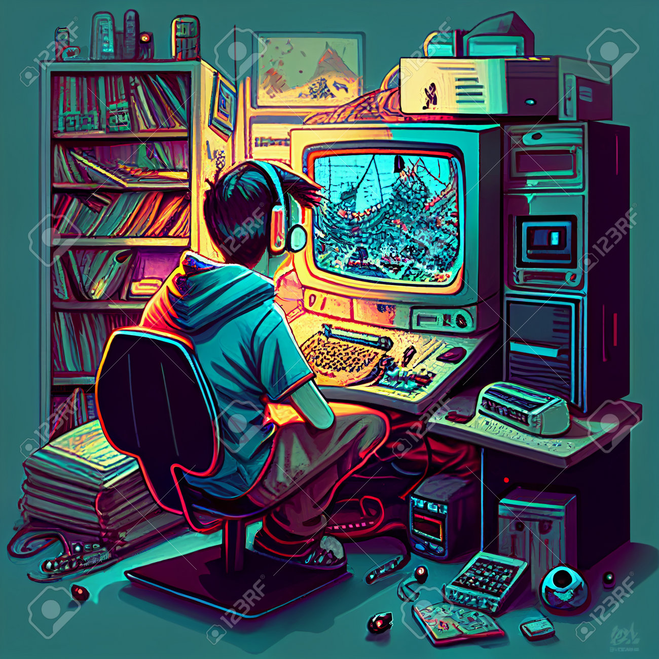 Premium Vector Game addiction. teenage gamer with computer and