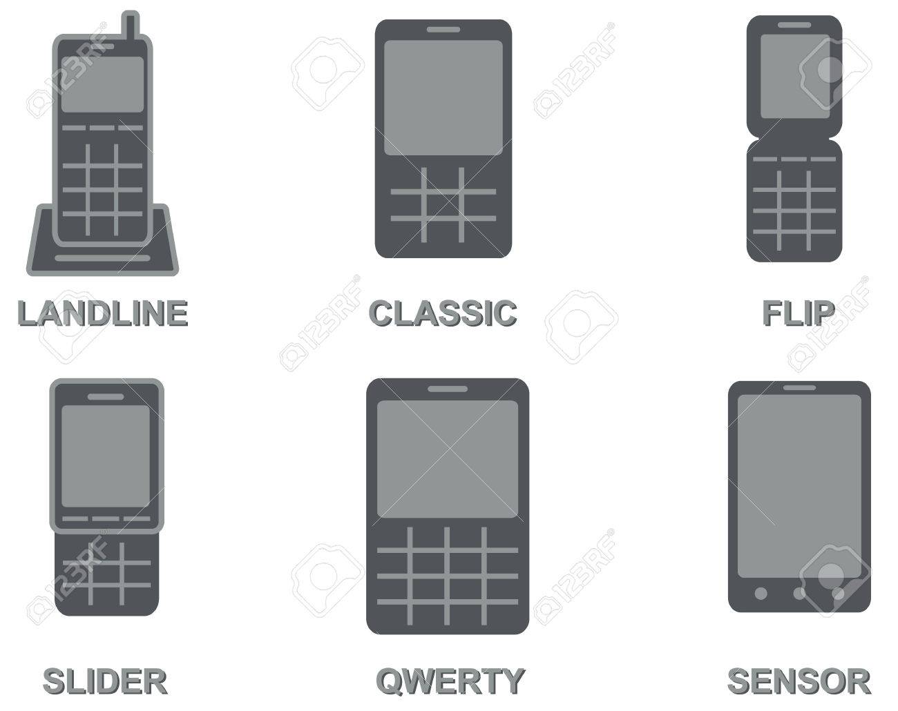 ベクター コレクション古典的な携帯電話 携帯電話の種類固定電話のフリップ スライダー Qwerty センサーのイラスト素材 ベクタ Image