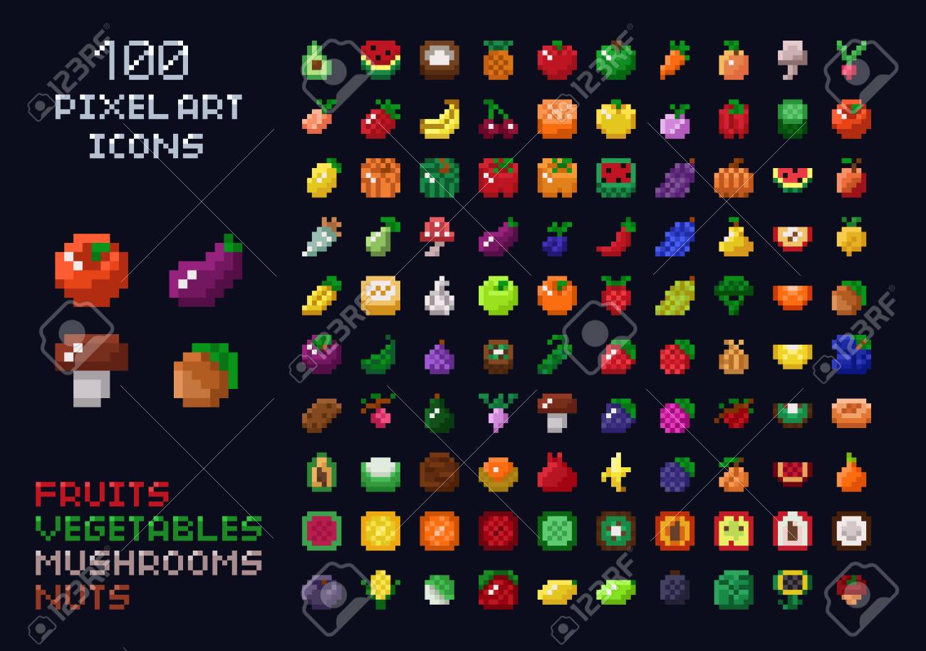 Premium Vector  Pixel fruits cartoon 2d game sprite asset with apple  banana mango citrus pineapple cherry 8bit collection of fruit signs for  game development vector set