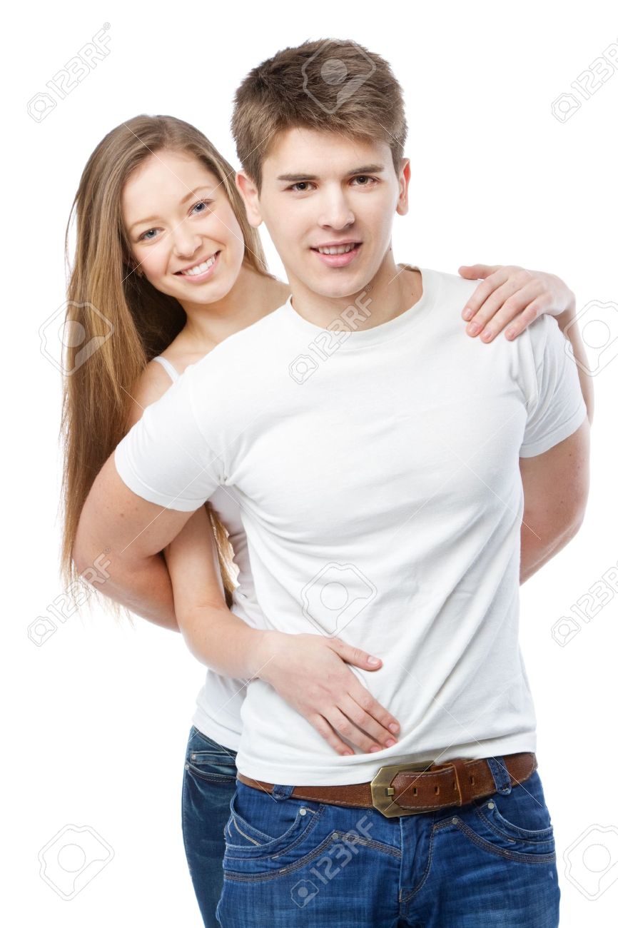 Young Couple In White T Shirts Isolated On White Background Stock Photo Picture And Royalty Free Image Image 17538618