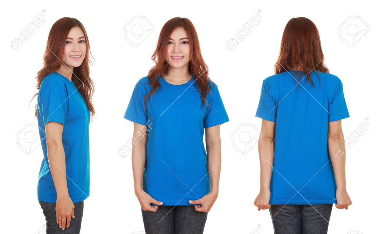 young beautiful female with blank blue t-shirt isolated on white background - 55513744 young beautiful female with blank blue t-shirt isolated on white background - 55513744