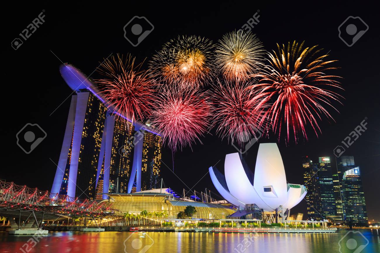 Beautiful Firework Over Marina Bay At Night Urban Landscape Of Singapore Stock Photo Picture And Royalty Free Image Image