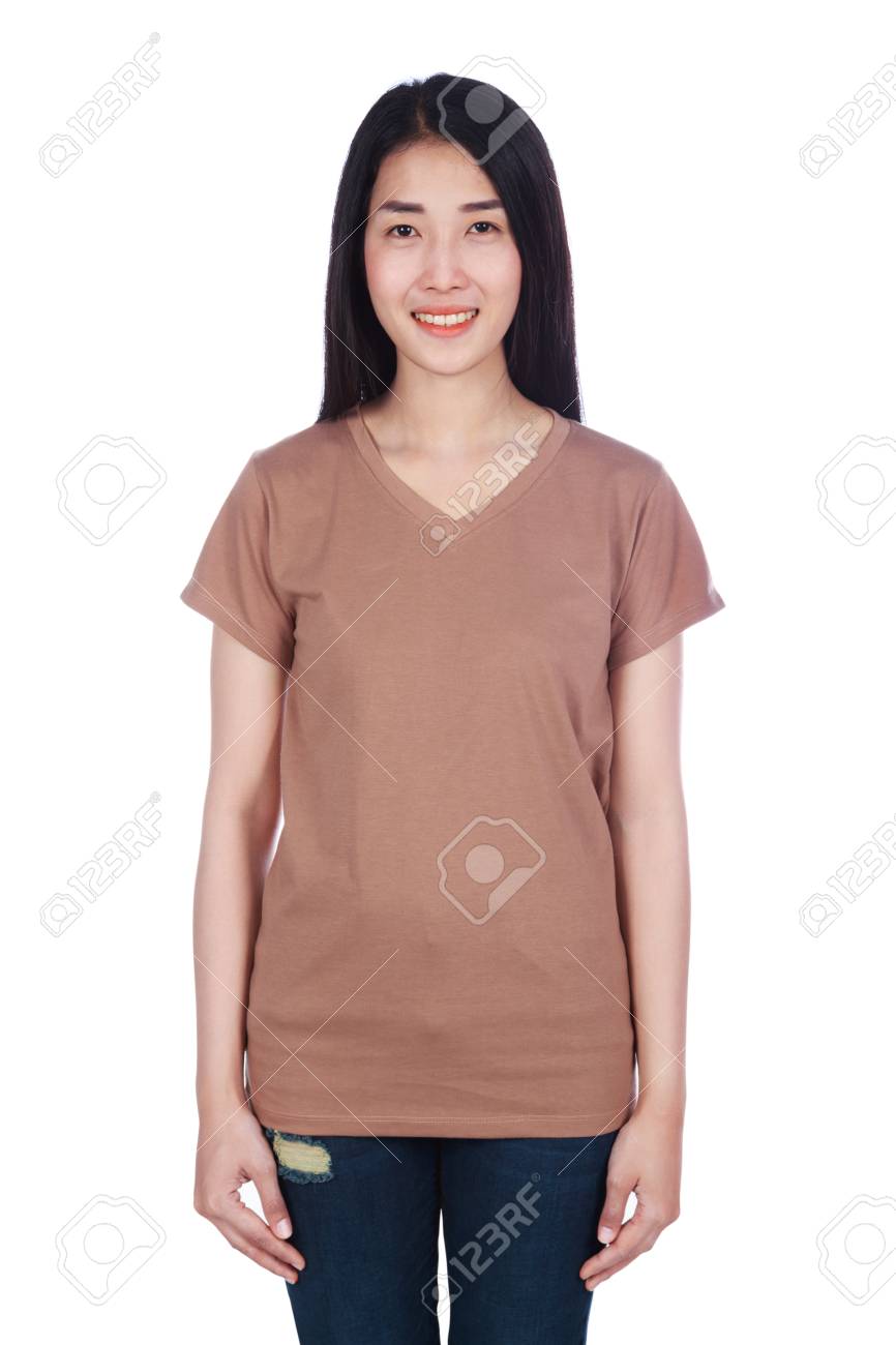 白い背景に隔離された茶色のtシャツを着た女性 の写真素材 画像素材 Image