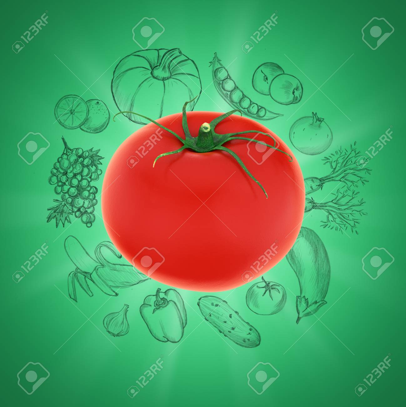野菜のスケッチで緑の背景に赤のトマトのイラスト の写真素材 画像素材 Image
