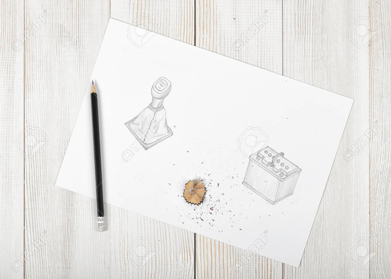 Work place of artist with soft black pencil and shavings sketch
