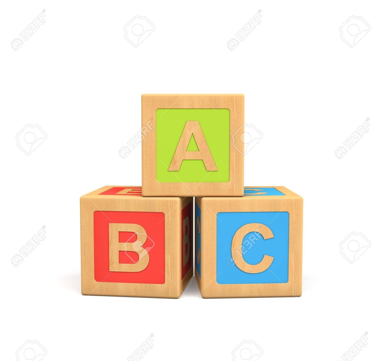 Representación 3d de tres cubos de juguete de madera con letras abc aislados sobre fondo blanco . Representación 3d de tres cubos de juguete de madera con letras abc aislados sobre fondo blanco .