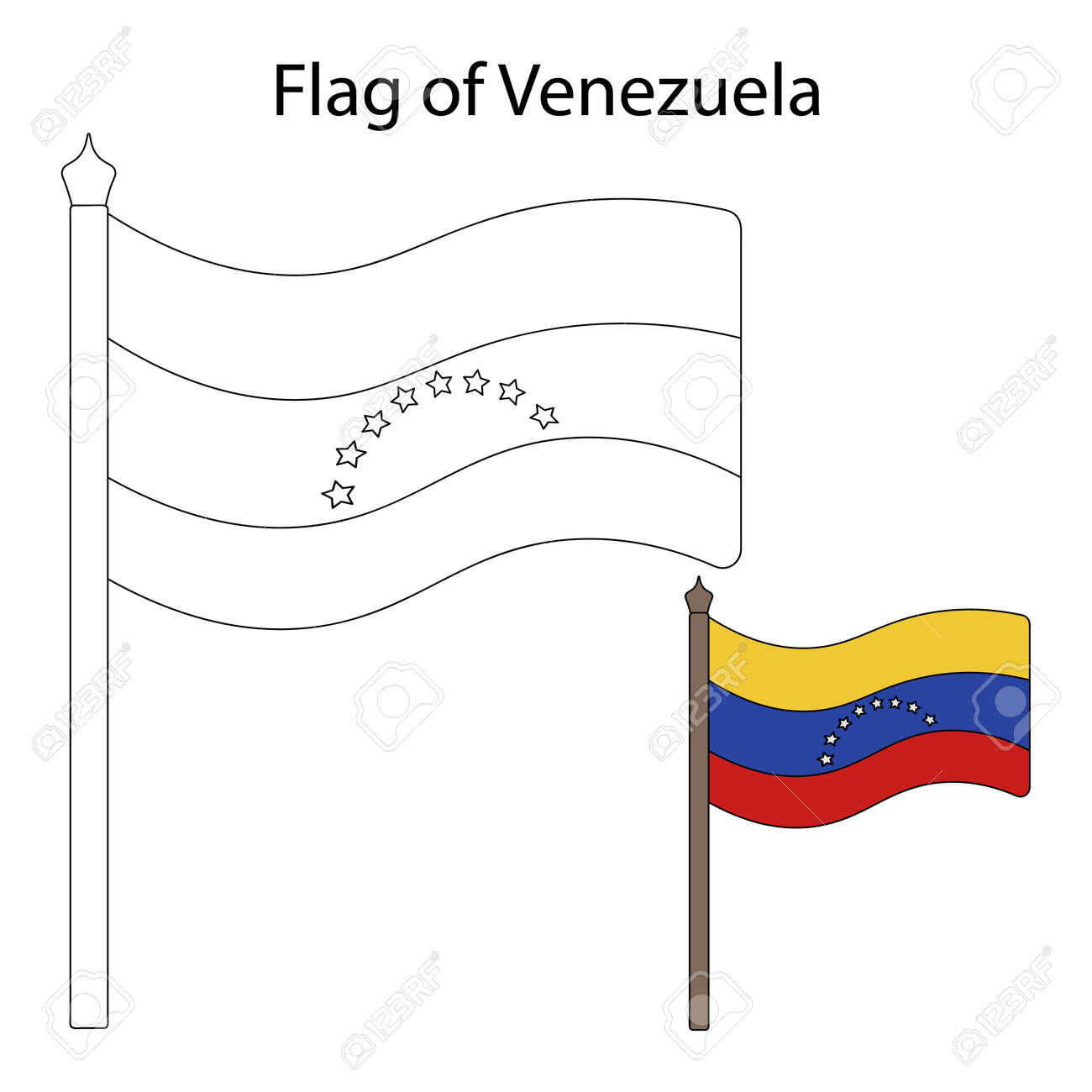 Flag Of Venezuela. Sketch. Color The Flag According To The Given Example. Vector Illustration. Coloring Book For Children. The Tricolor Is Decorated With Eight Stars. Bolivarian Republic Of Venezuela. Royalty Free SVG, flag-of-venezuela-sketch-color-the-flag-according-to-the-given-example-vector-illustration-coloring-book-for-children-the-tricolor-is-decorated-with-eight-stars-bolivarian-republic-of-venezuela-royalty-free-svg