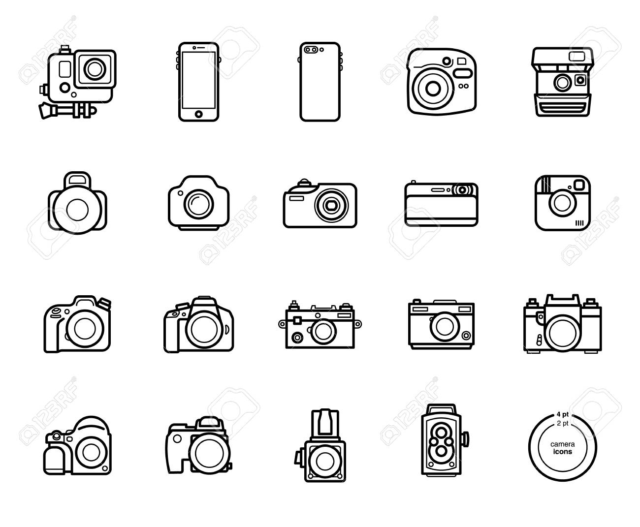 白い背景にラインカメラアイコンのセット スマートフォン アクション デジタル フィルムフォトカメラ伝説のブランド のイラスト素材 ベクタ Image