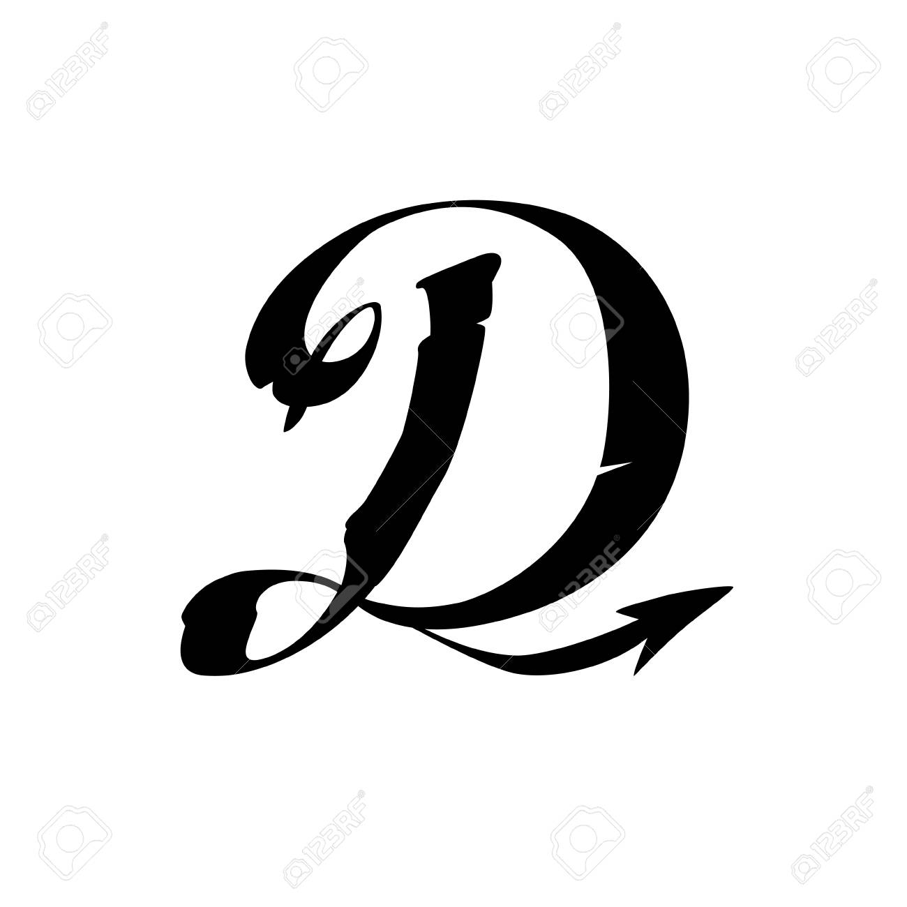 The Letter D In The Gothic Style. Vector. Latin Capital Letter Symbol. The Letter  D With The Tail Of The Devil. Brand Company And Corporate Calligraphic.  Medieval Handwritten Font. Ancient Lettering And