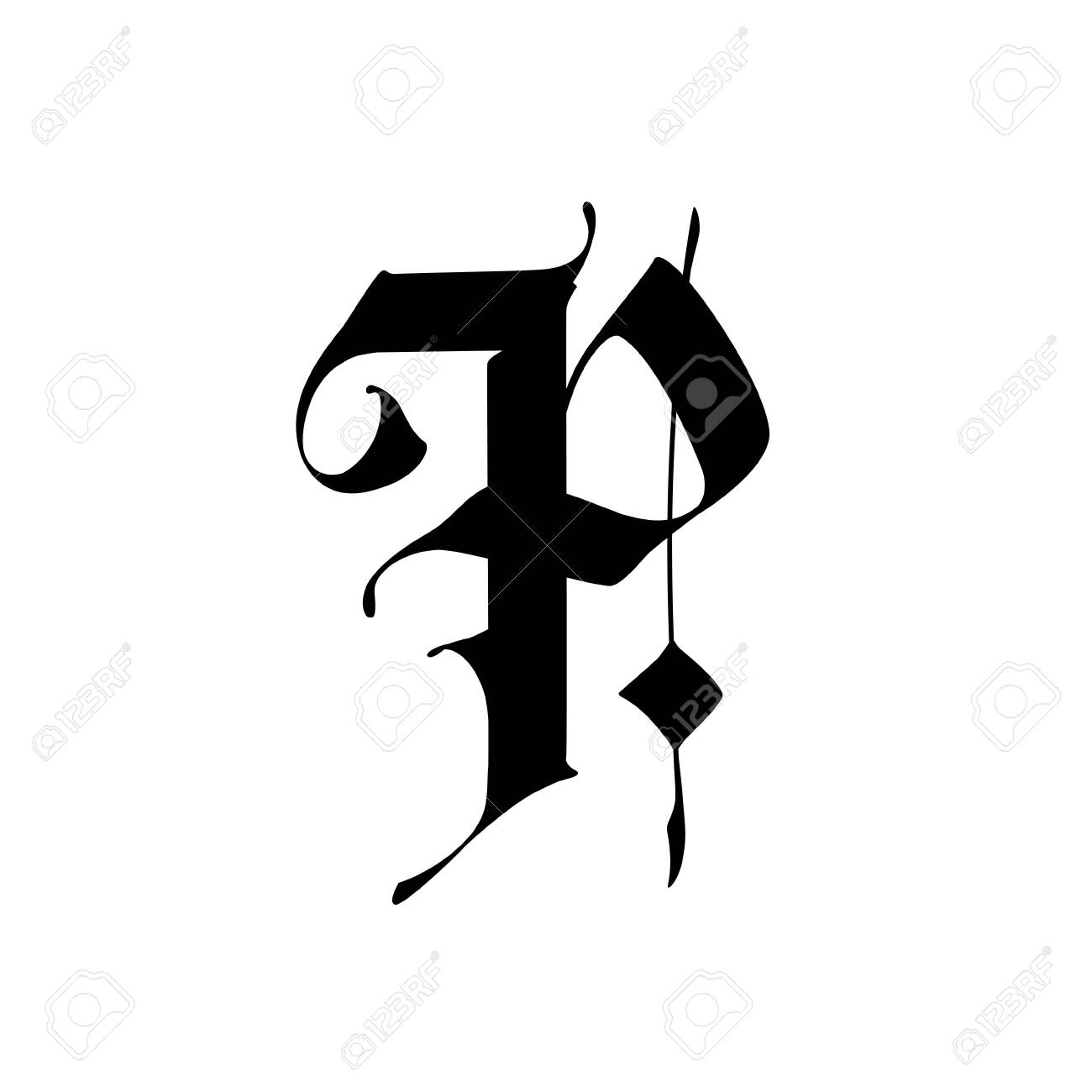 Letter P, In The Gothic Style. Vector. Alphabet. The Symbol Is Isolated On  A White Background. Calligraphy And Lettering. Medieval Latin Letter. Logo  For The Company. Monogram. Elegant Font For Tattoo. Клипарты,