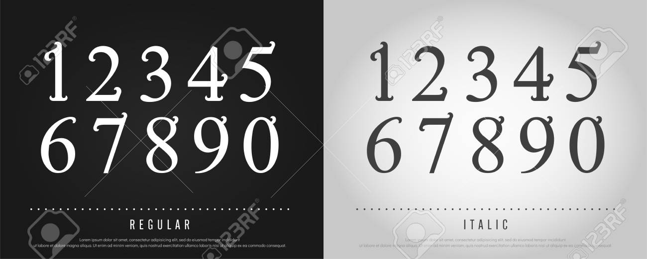 アルファベットの文字がセットされた数字 排他的なカスタム文字 ロゴ ポスター 招待状などのアルファベットのデザインタイポグラフィフォントクラシックスタイル レギュラーと斜体ベクターイラストレーター のイラスト素材 ベクタ Image