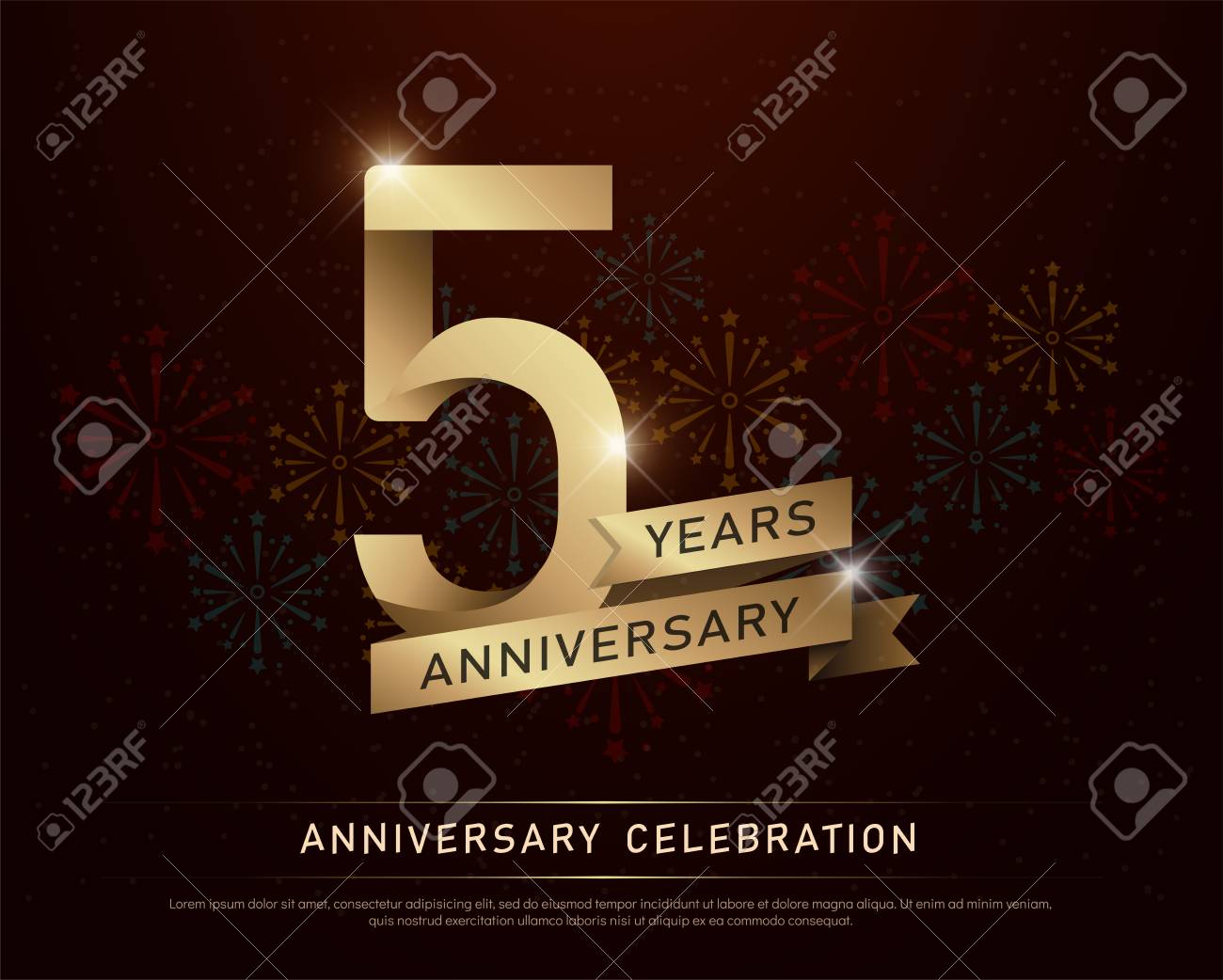 5th years anniversary celebration gold number and golden ribbons with fireworks on dark background. vector illustration - 97469819 5th years anniversary celebration gold number and golden ribbons with fireworks on dark background. vector illustration - 97469819