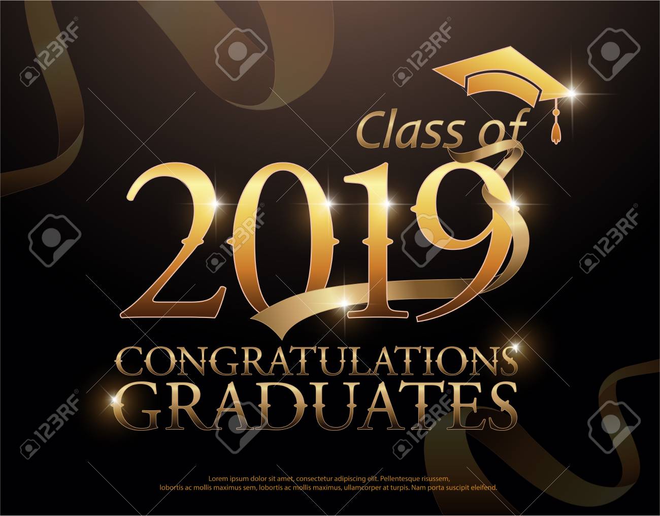 Class of 2019 Congratulations Graduates gold text with golden ribbons on dark background - 97912789 Class of 2019 Congratulations Graduates gold text with golden ribbons on dark background - 97912789