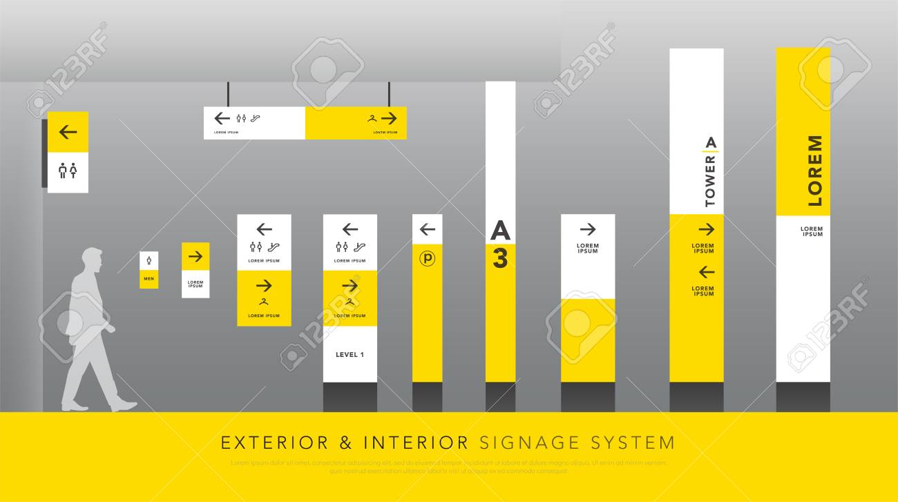 exterior and interior signage system. direction, pole, wall mount signboard and traffic signage design template set. empty space for logo, text, white and yellow corporate identity - 126336055 exterior and interior signage system. direction, pole, wall mount signboard and traffic signage design template set. empty space for logo, text, white and yellow corporate identity - 126336055
