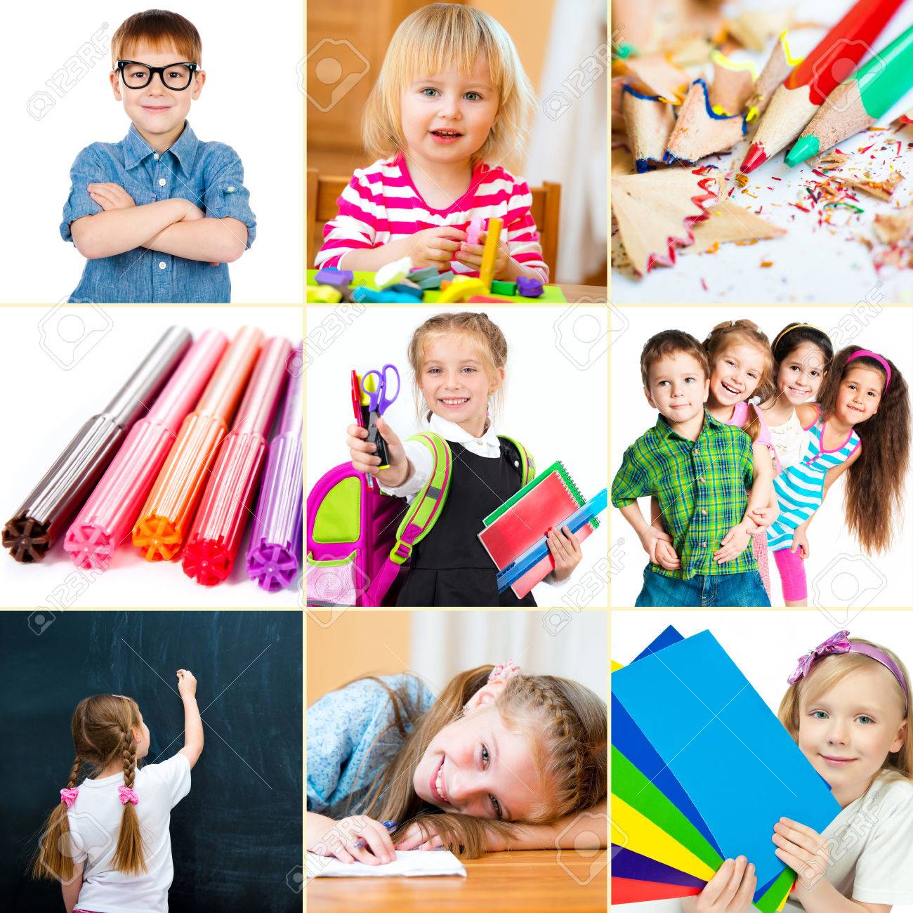 Collage De La Foto De Los Niños Pequeños Con Sus útiles Collage De La Foto De Los Niños Pequeños Con Sus útiles