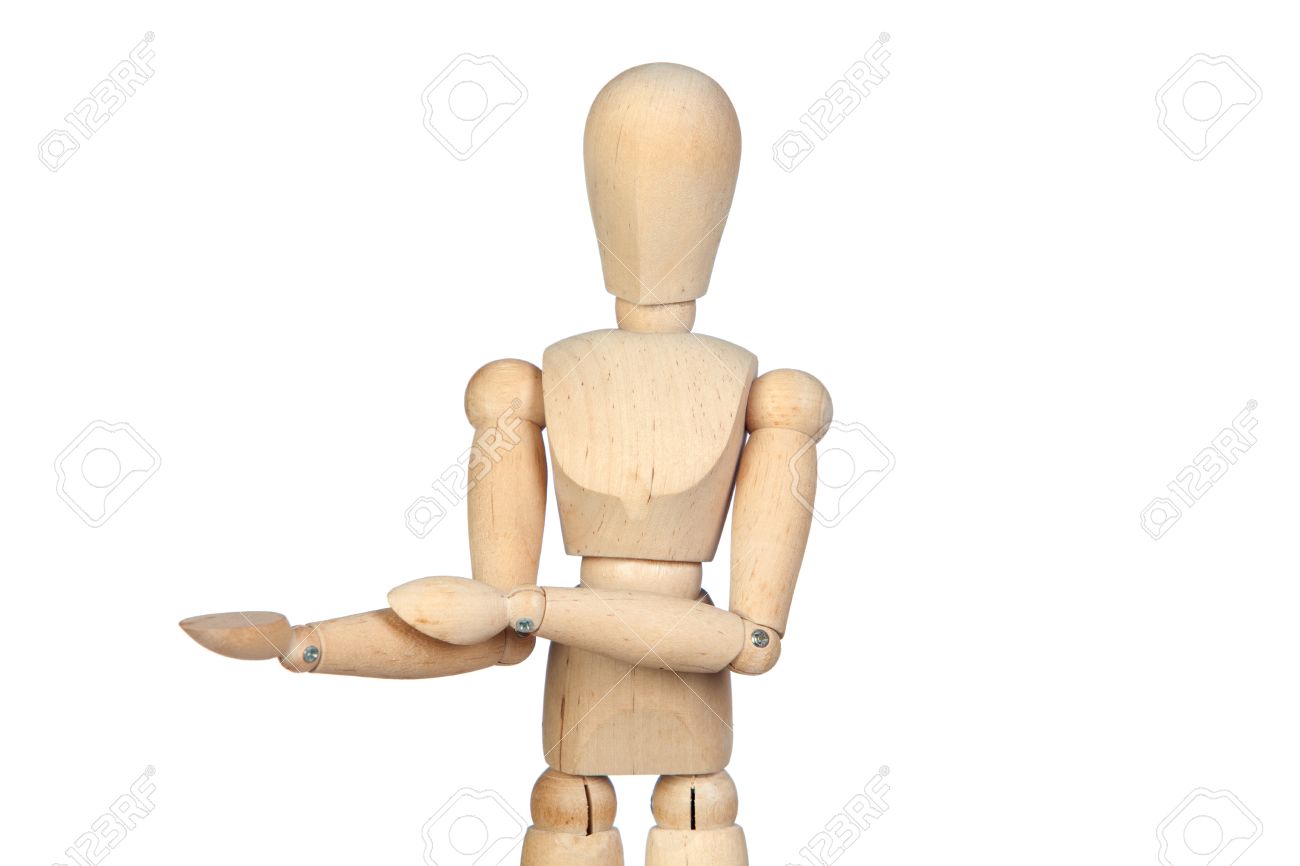 jointed wooden mannequin with outstretched hand isolated on white