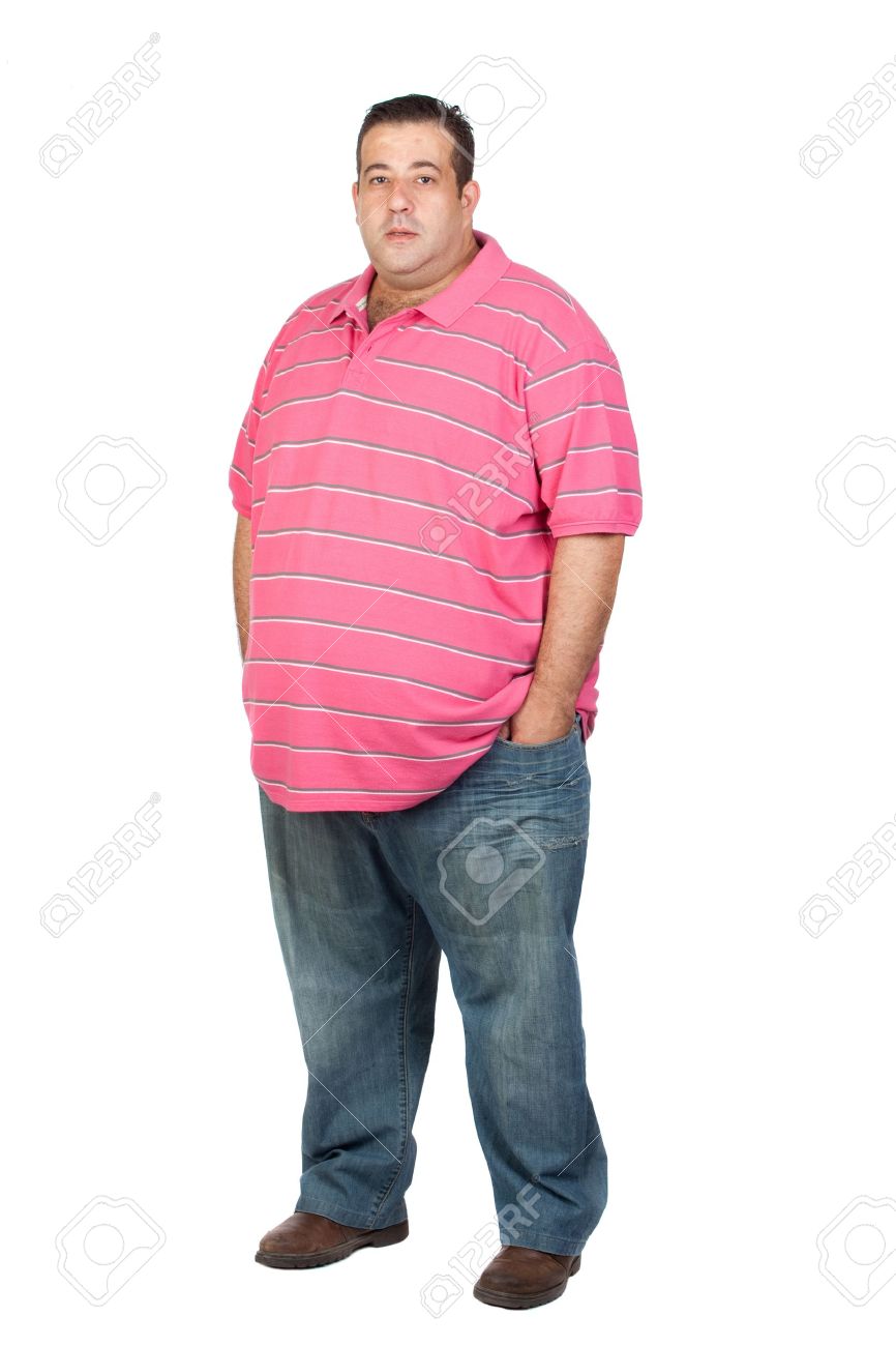 白い背景上に分離されてピンクのシャツとデブ男 の写真素材 画像素材 Image