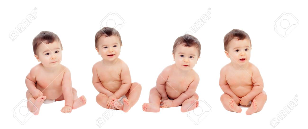 Four equal babies sitting on the floor isolated on a white background - 120835297 Four equal babies sitting on the floor isolated on a white background - 120835297