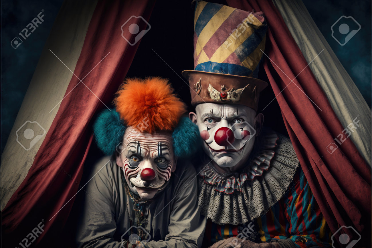 Terrible Clowns And Halloween Theme: Scary Circus Characters With The Tent  On The Background. Generative AI Stock Photo, Picture and Royalty Free  Image. Image 198695357., image size:1300x867