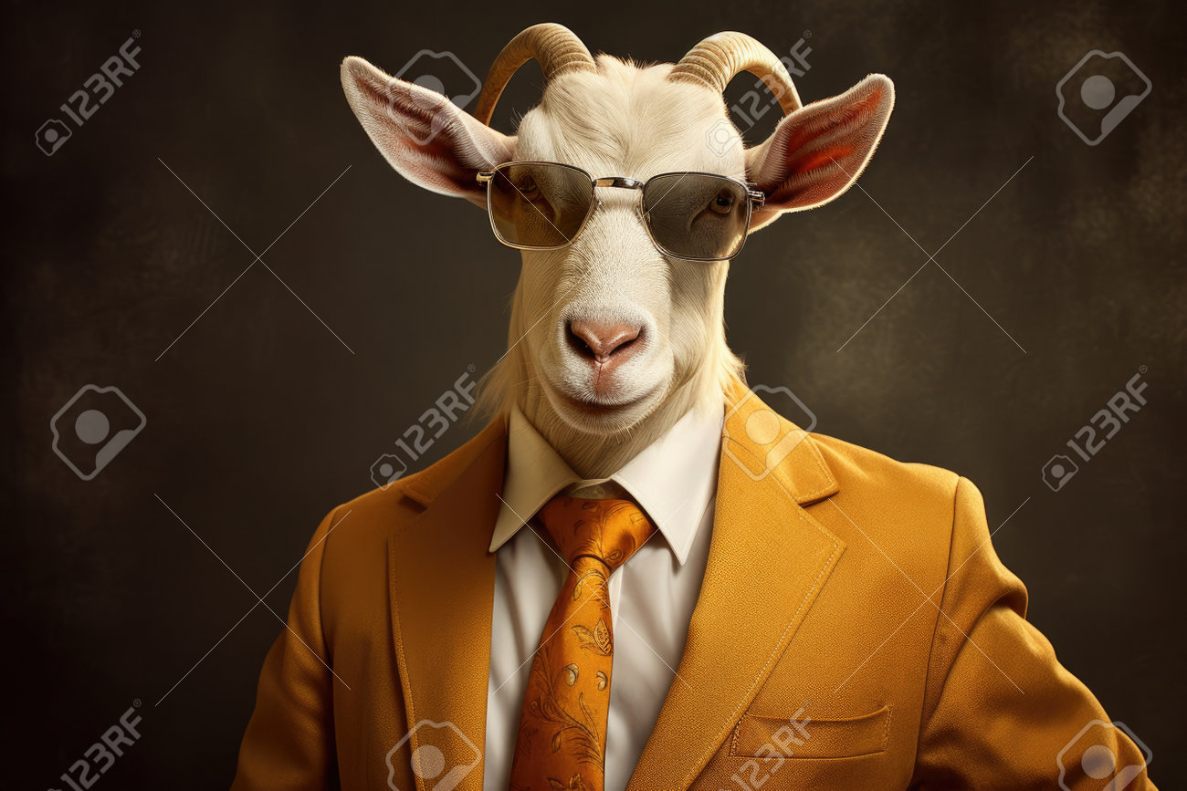 An Anthropomorphized Goat Dressed As A Businessman In Golden Tones, With  Orange And Beige Colors By Generative AI Stock Photo, Picture and Royalty  Free Image. Image 205509150.