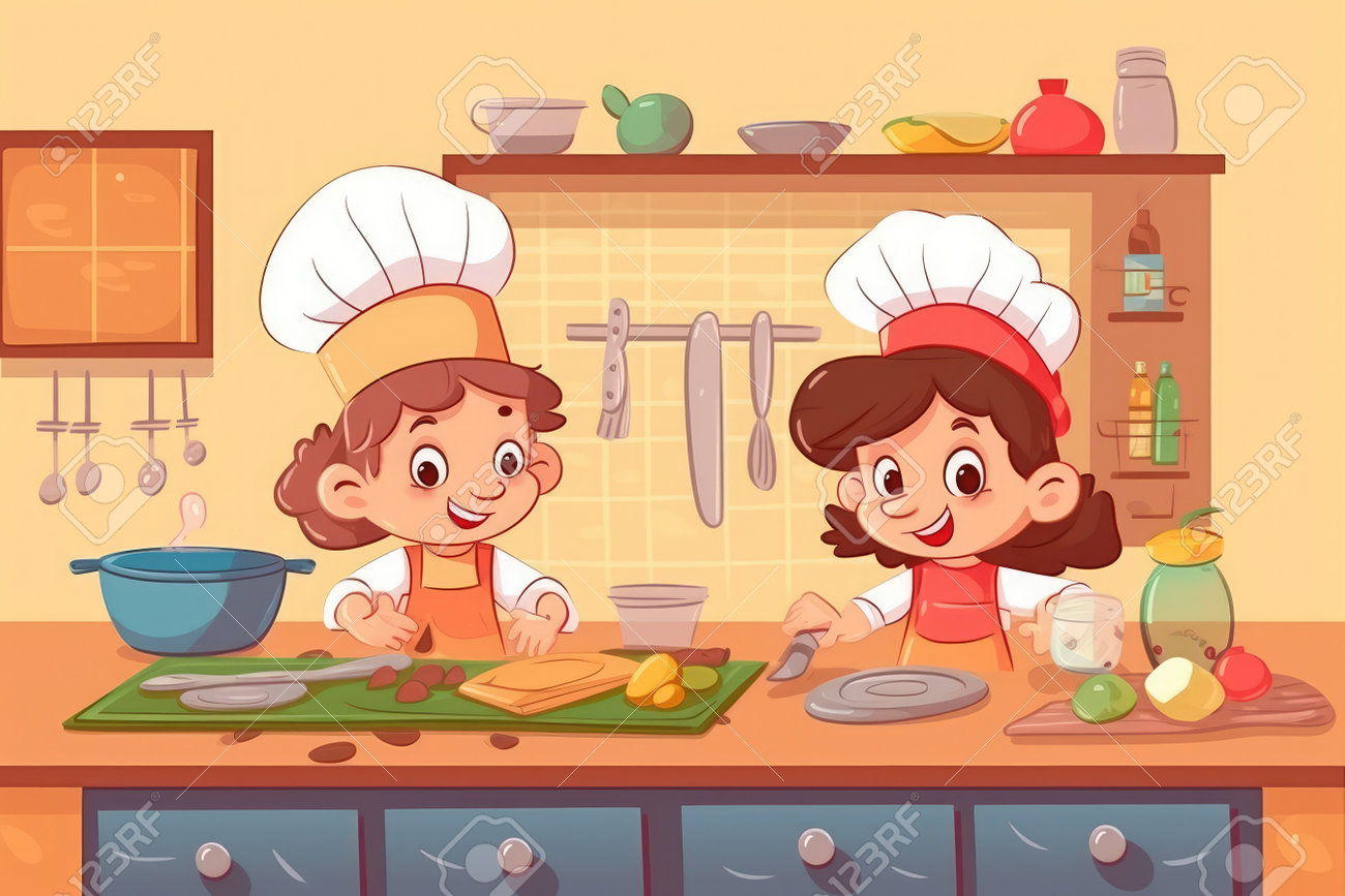 Cartoon Little Children Cooking In The Kitchen By Generative AI Stock  Photo, Picture and Royalty Free Image. Image 207175988., image size:1300x867
