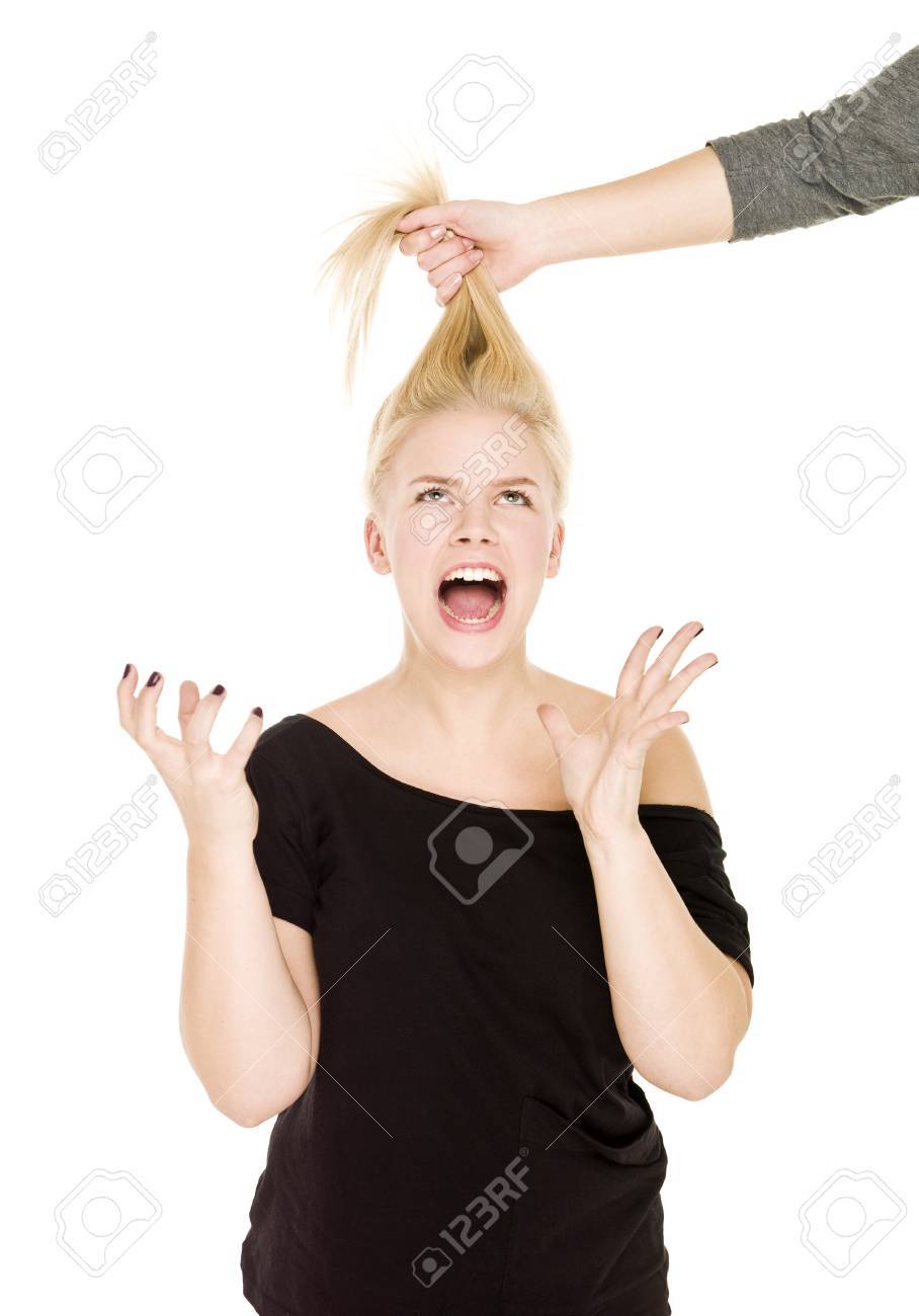 Blond Woman In Pain Because Someone Pulling Her Hair Stock Photo, Picture  and Royalty Free Image. Image 8308537., image size:908x1300