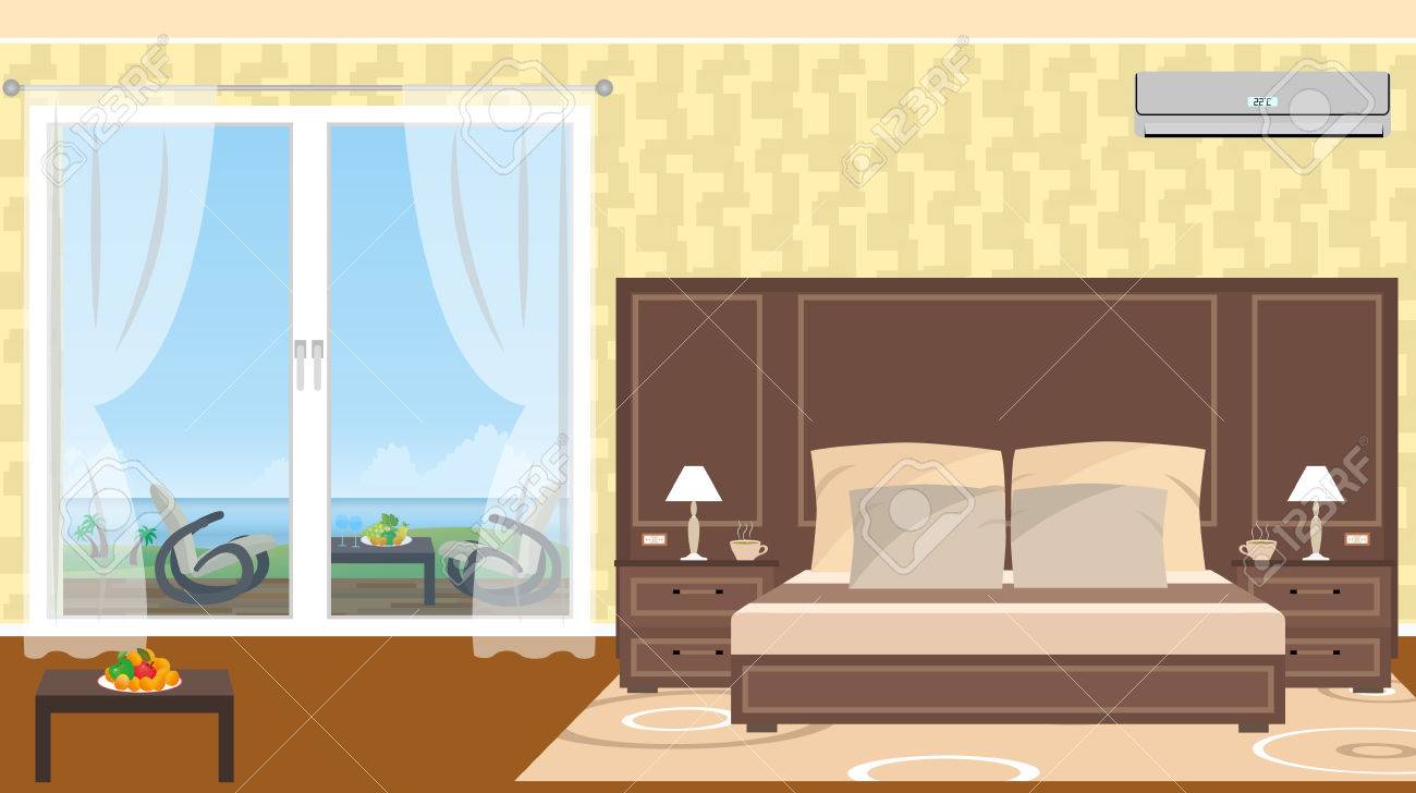 El interior de la estación de habitación de hotel con salida al mar y muebles en la terraza. Ilustración del vector en estilo plano El interior de la estación de habitación de hotel con salida al mar y muebles en la terraza. Ilustración del vector en estilo plano