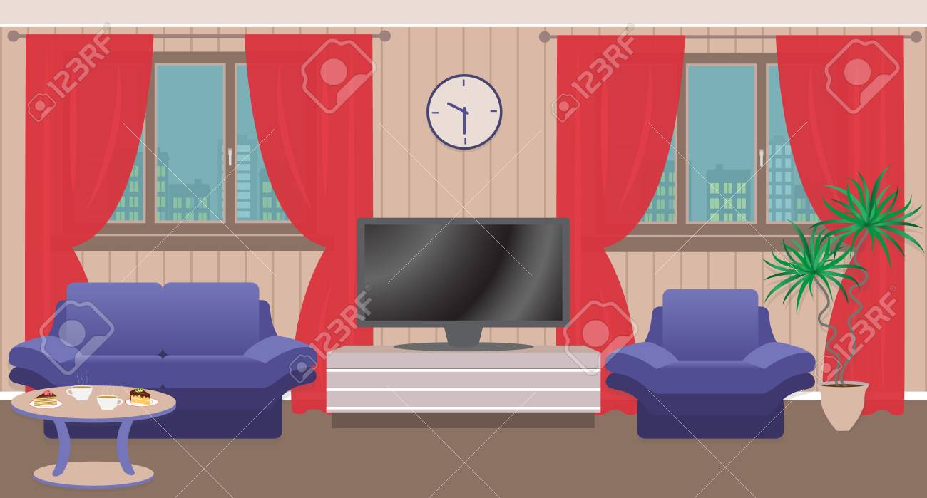 Living Room Interior With Furniture Tv Window Bright Vector